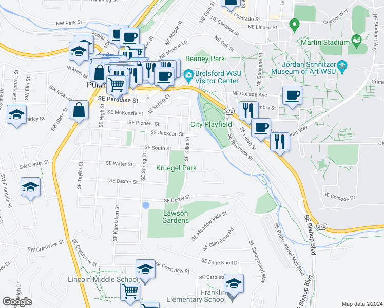 map of restaurants, bars, coffee shops, grocery stores, and more near 420 Southeast Dilke Street in Pullman