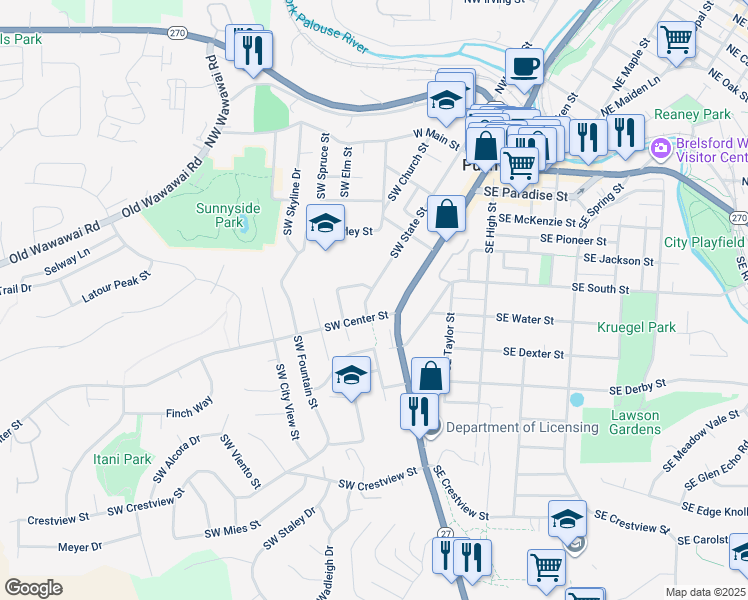 map of restaurants, bars, coffee shops, grocery stores, and more near 485 Southwest State Street in Pullman