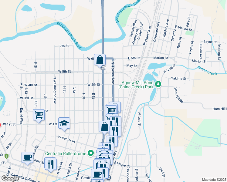 map of restaurants, bars, coffee shops, grocery stores, and more near 1004 North Tower Avenue in Centralia