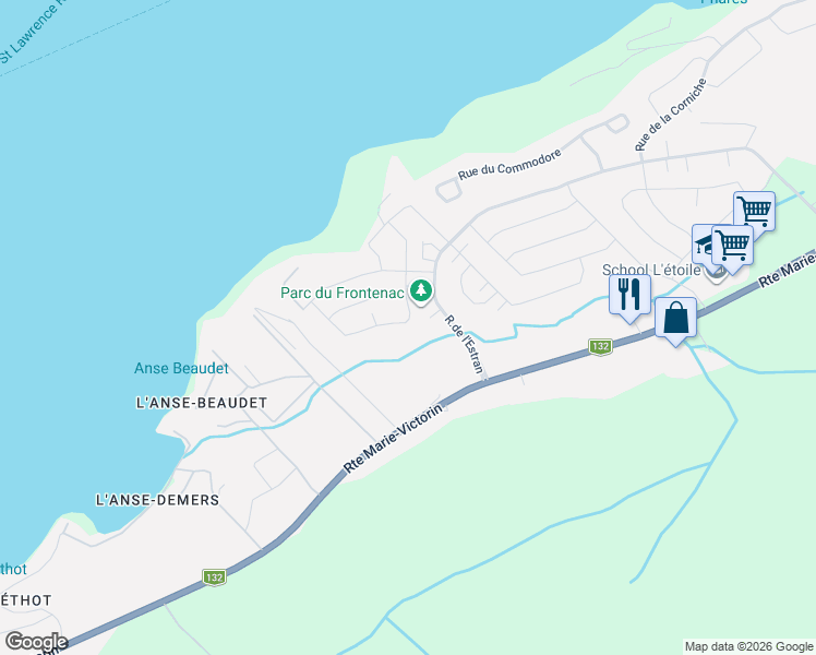 map of restaurants, bars, coffee shops, grocery stores, and more near 1470 Rue du Frontenac in Lã©Vis