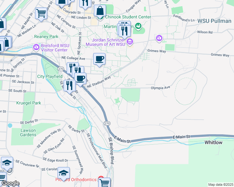 map of restaurants, bars, coffee shops, grocery stores, and more near 1395 Northeast Stadium Way in Pullman