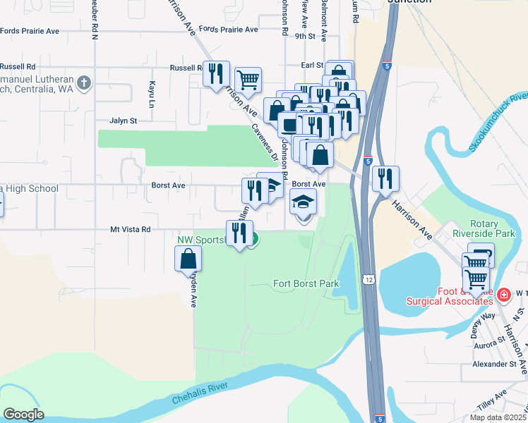 map of restaurants, bars, coffee shops, grocery stores, and more near 901 Johnson Road in Centralia