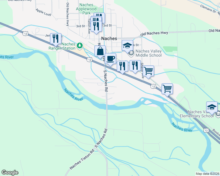 map of restaurants, bars, coffee shops, grocery stores, and more near 10063 South Naches Road in Naches