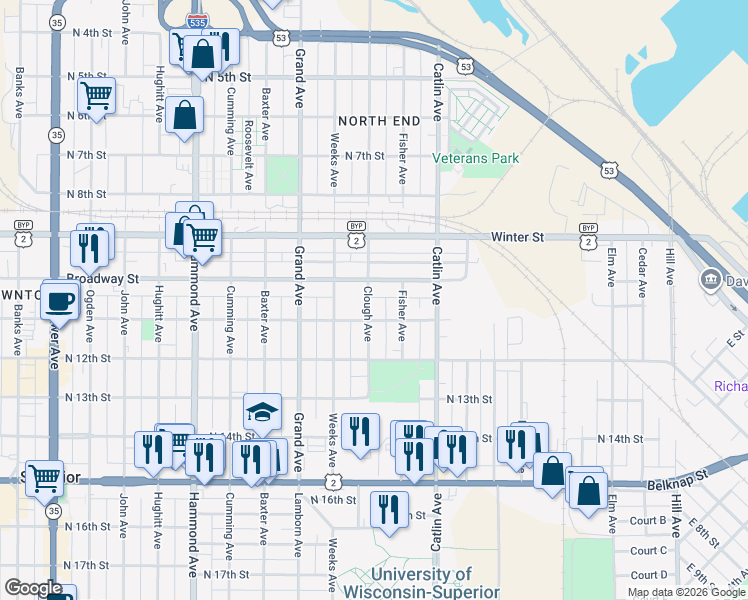 map of restaurants, bars, coffee shops, grocery stores, and more near 810 Broadway Street in Superior