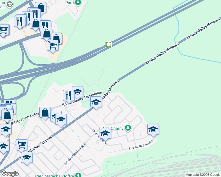 map of restaurants, bars, coffee shops, grocery stores, and more near 7303 Avenue des Belles Amours in Lévis