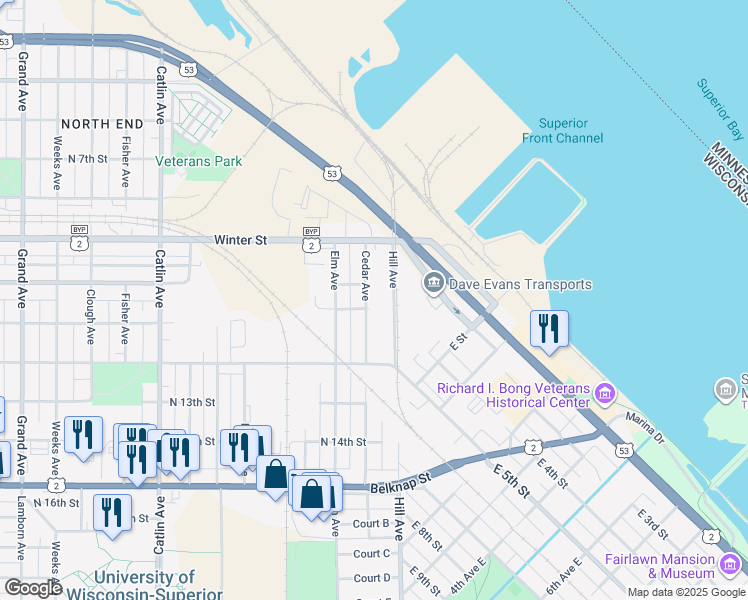 map of restaurants, bars, coffee shops, grocery stores, and more near 1019 Cedar Avenue in Superior