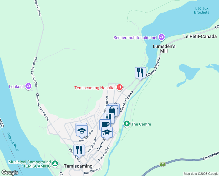 map of restaurants, bars, coffee shops, grocery stores, and more near 271 Rue Boucher in Témiscaming