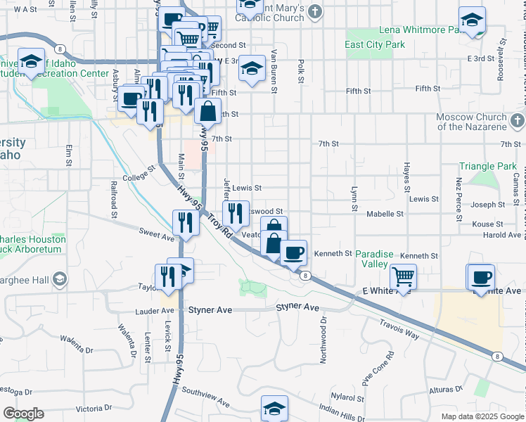 map of restaurants, bars, coffee shops, grocery stores, and more near 428 Spotswood Street in Moscow