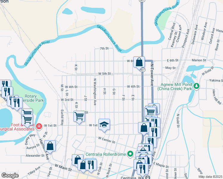 map of restaurants, bars, coffee shops, grocery stores, and more near 925 G Street in Centralia