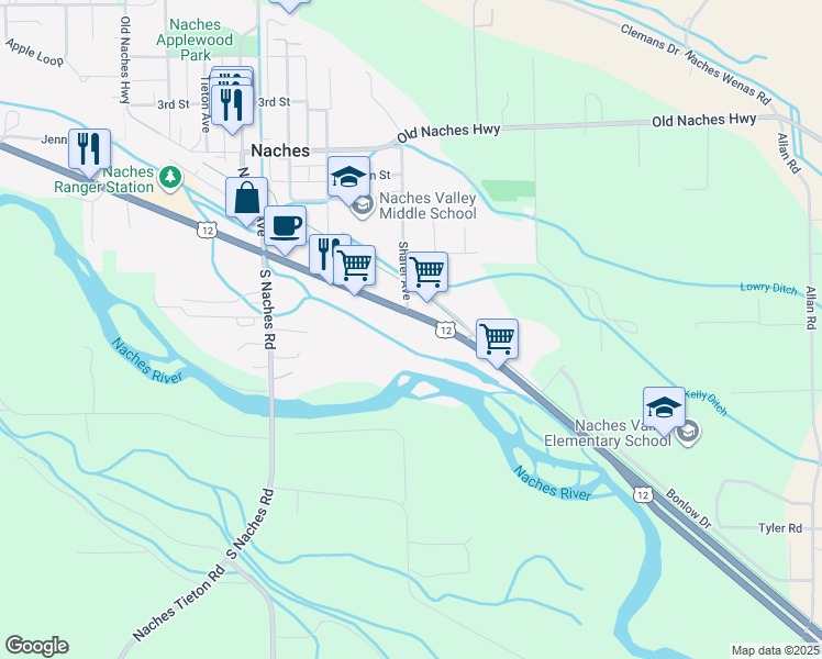 map of restaurants, bars, coffee shops, grocery stores, and more near 9840 U.S. 12 in Naches