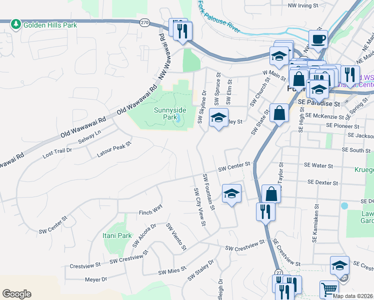 map of restaurants, bars, coffee shops, grocery stores, and more near 401 Southwest City View Street in Pullman
