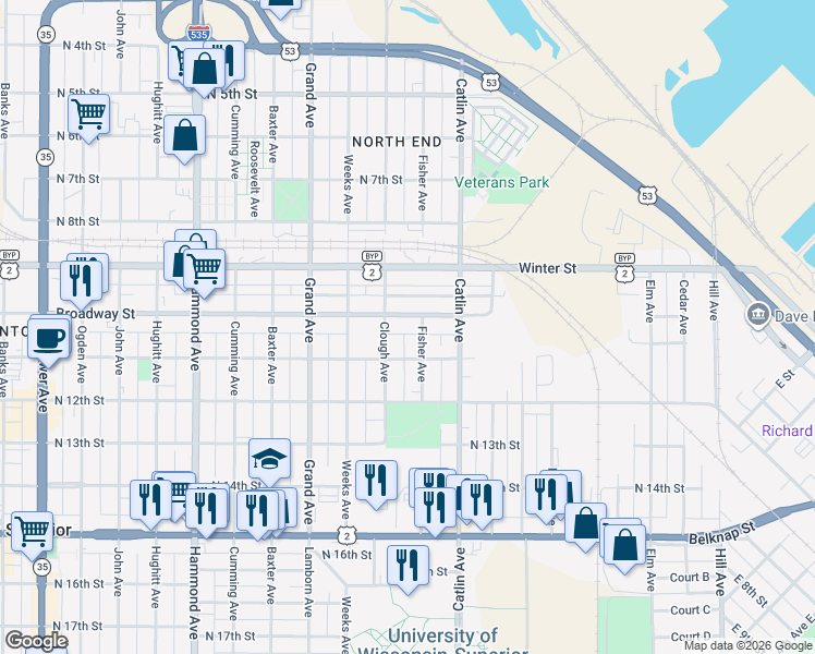 map of restaurants, bars, coffee shops, grocery stores, and more near 810 Broadway Street in Superior