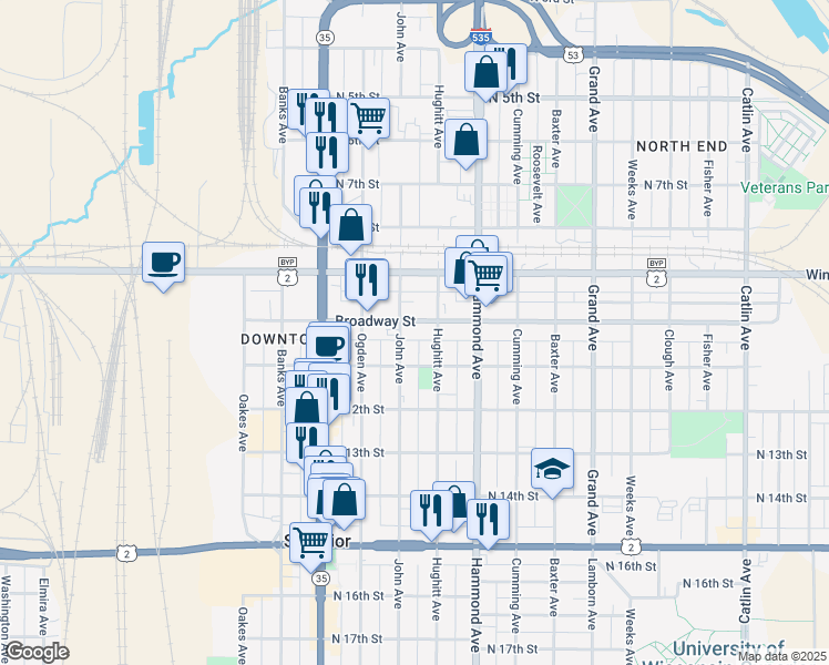 map of restaurants, bars, coffee shops, grocery stores, and more near 1516 Broadway Street in Superior