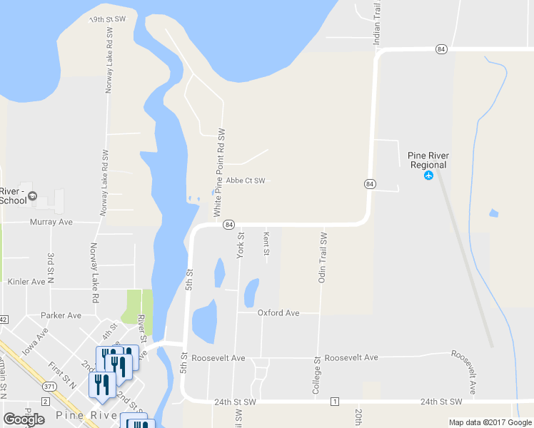 map of restaurants, bars, coffee shops, grocery stores, and more near 2277 Minnesota 84 in Pine River