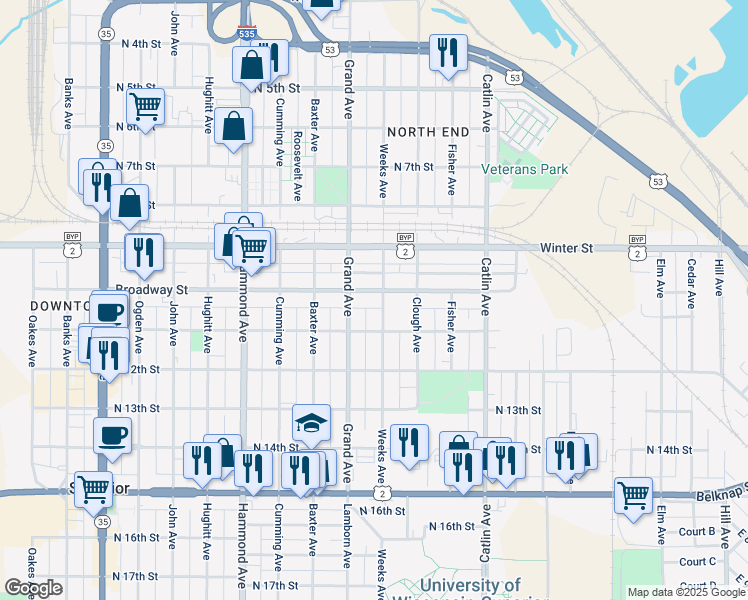 map of restaurants, bars, coffee shops, grocery stores, and more near 1010 Broadway Street in Superior