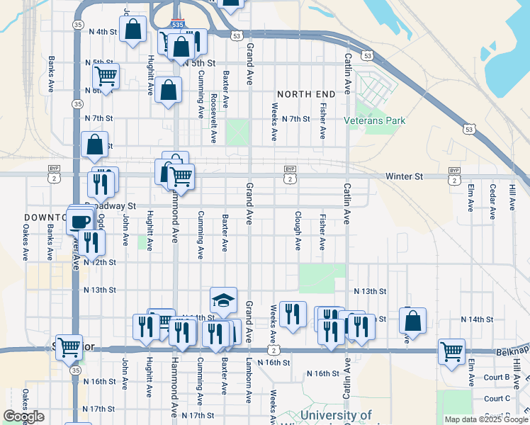 map of restaurants, bars, coffee shops, grocery stores, and more near 1010 Broadway Street in Superior