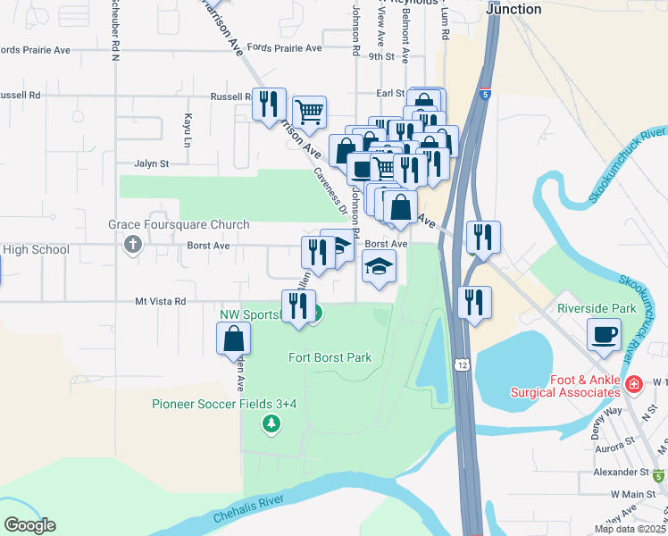 map of restaurants, bars, coffee shops, grocery stores, and more near 901 Johnson Road in Centralia