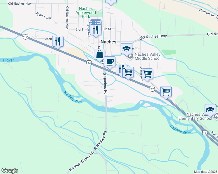 map of restaurants, bars, coffee shops, grocery stores, and more near 10063 South Naches Road in Naches