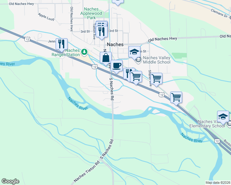map of restaurants, bars, coffee shops, grocery stores, and more near 10063 South Naches Road in Naches