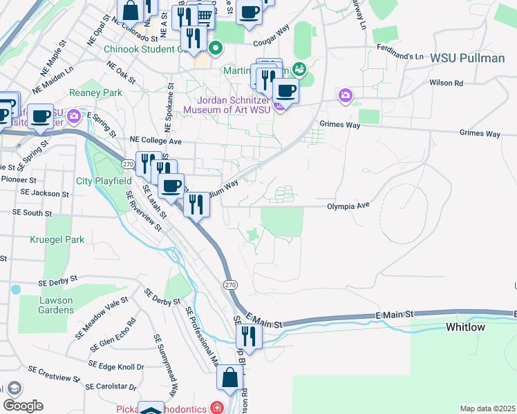 map of restaurants, bars, coffee shops, grocery stores, and more near SE Olympia St in Pullman