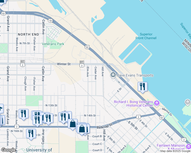 map of restaurants, bars, coffee shops, grocery stores, and more near 1019 Cedar Avenue in Superior