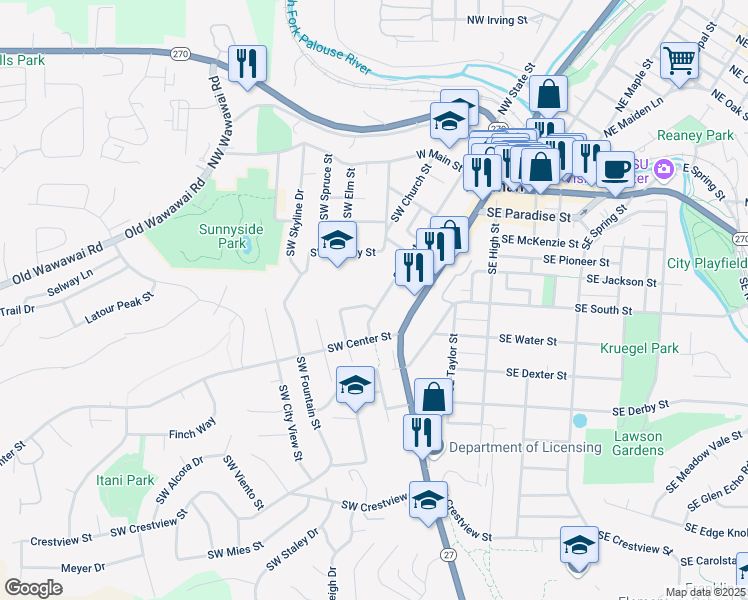 map of restaurants, bars, coffee shops, grocery stores, and more near 485 Southwest State Street in Pullman
