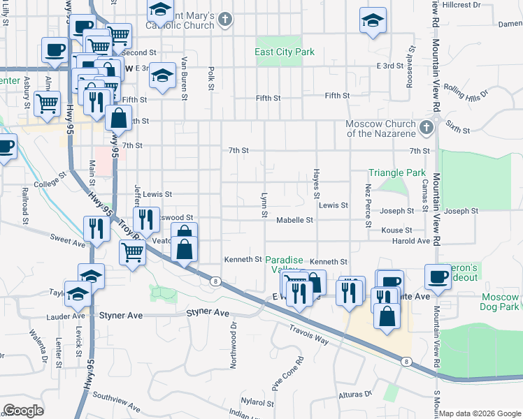 map of restaurants, bars, coffee shops, grocery stores, and more near 733 Lewis Street in Moscow