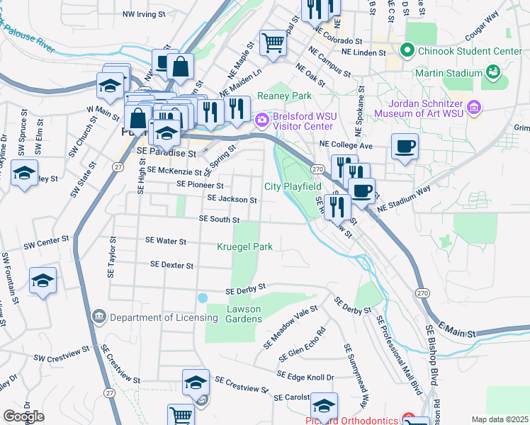 map of restaurants, bars, coffee shops, grocery stores, and more near 420 Southeast Dilke Street in Pullman