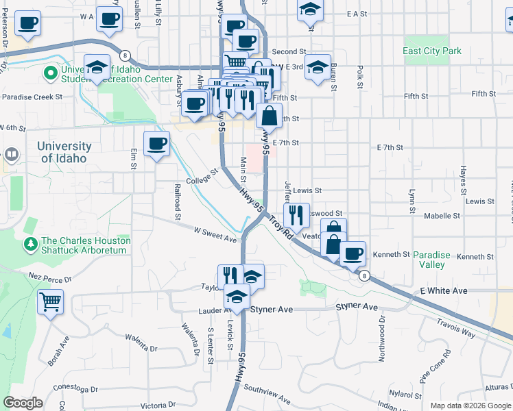 map of restaurants, bars, coffee shops, grocery stores, and more near Idaho 8 in Moscow