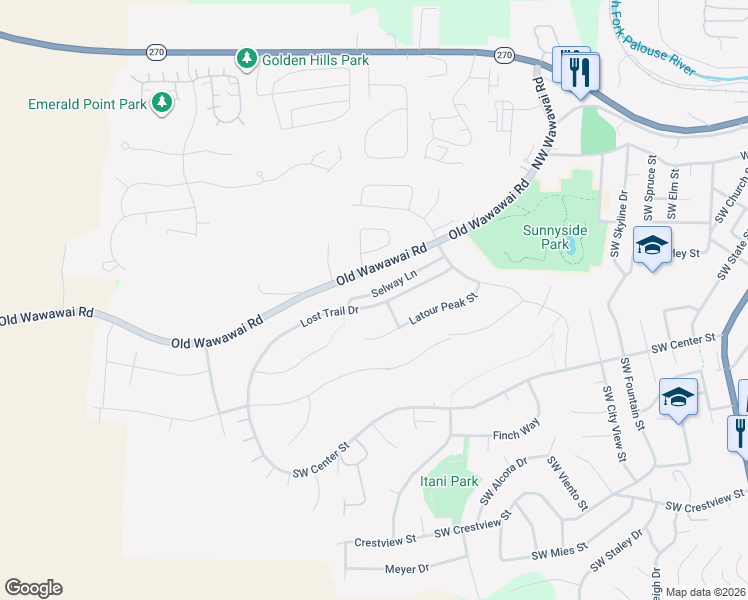 map of restaurants, bars, coffee shops, grocery stores, and more near 1232 Lost Trail Drive in Pullman