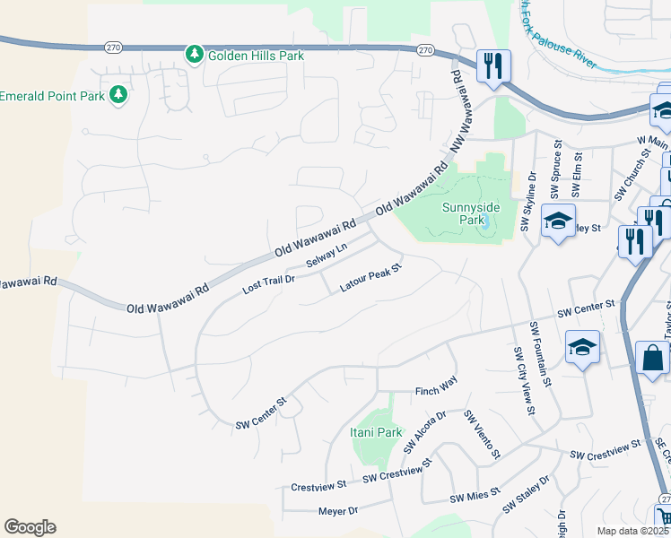 map of restaurants, bars, coffee shops, grocery stores, and more near 1165 Lost Trail Drive in Pullman