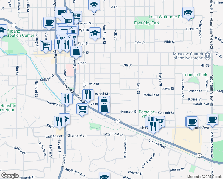 map of restaurants, bars, coffee shops, grocery stores, and more near 917 South Logan Street in Moscow