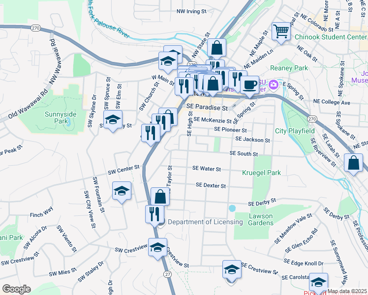 map of restaurants, bars, coffee shops, grocery stores, and more near 433 Southeast Jordan Road in Pullman