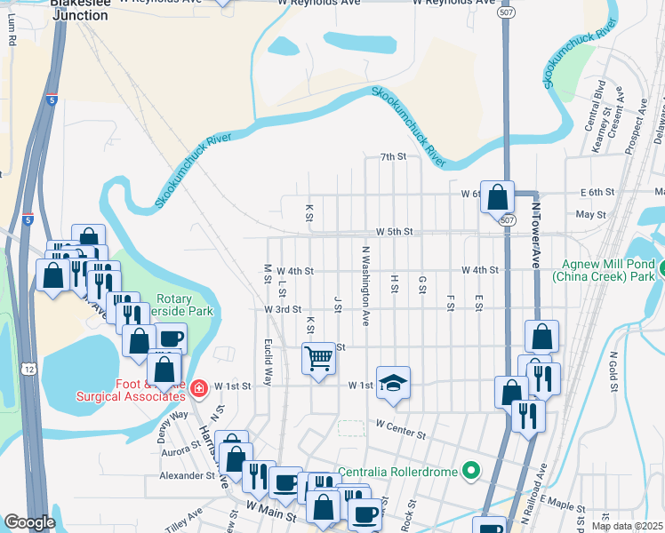 map of restaurants, bars, coffee shops, grocery stores, and more near 1003 J Street in Centralia