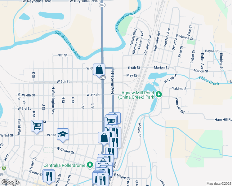 map of restaurants, bars, coffee shops, grocery stores, and more near 1004 North Tower Avenue in Centralia