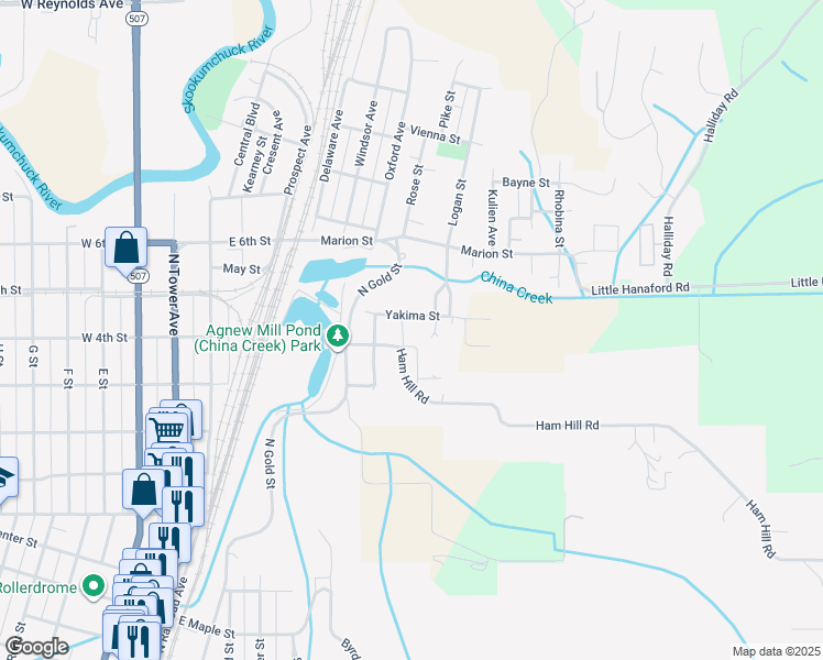 map of restaurants, bars, coffee shops, grocery stores, and more near 804 Yakima St in Centralia