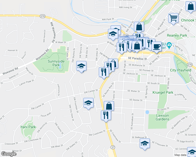 map of restaurants, bars, coffee shops, grocery stores, and more near 460 Southwest State Street in Pullman