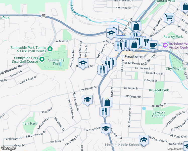 map of restaurants, bars, coffee shops, grocery stores, and more near 460 Southwest State Street in Pullman