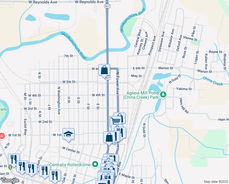 map of restaurants, bars, coffee shops, grocery stores, and more near 1004 North Tower Avenue in Centralia