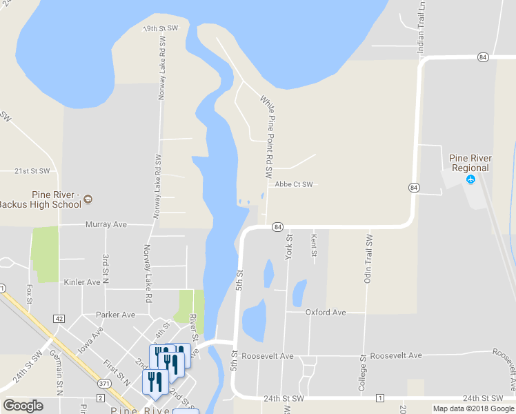 map of restaurants, bars, coffee shops, grocery stores, and more near 2189 White Pine Point Road Southwest in Pine River