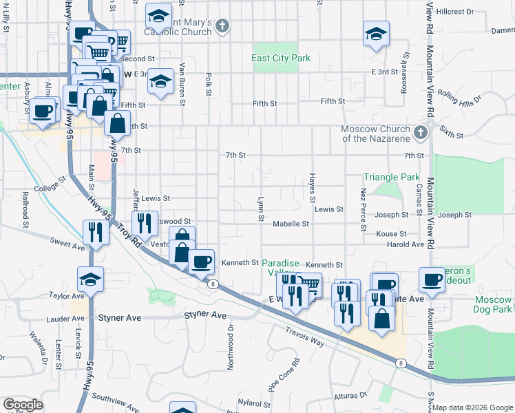 map of restaurants, bars, coffee shops, grocery stores, and more near 733 Lewis Street in Moscow