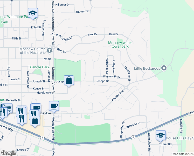 map of restaurants, bars, coffee shops, grocery stores, and more near 2221 Waymouth Street in Moscow