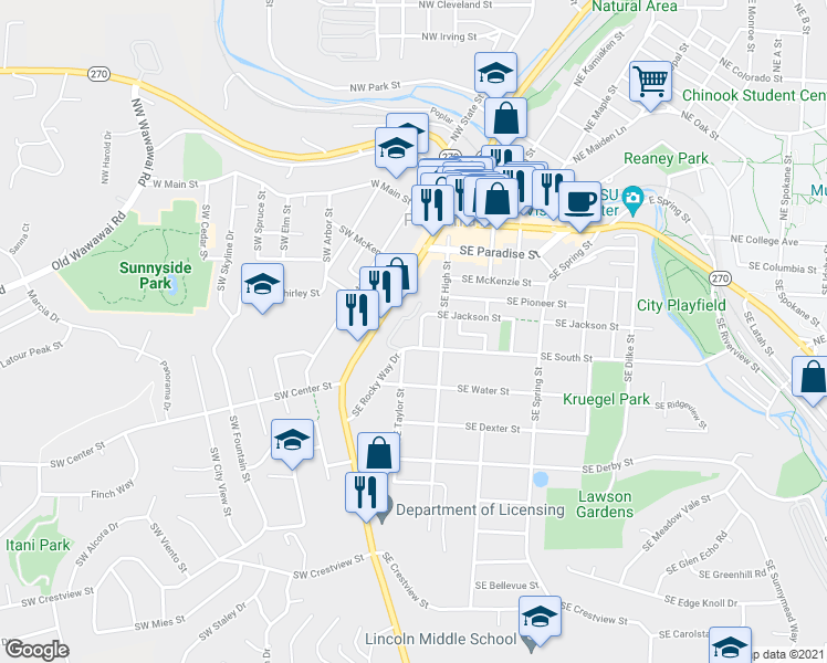 map of restaurants, bars, coffee shops, grocery stores, and more near 433 Southeast Jordan Road in Pullman