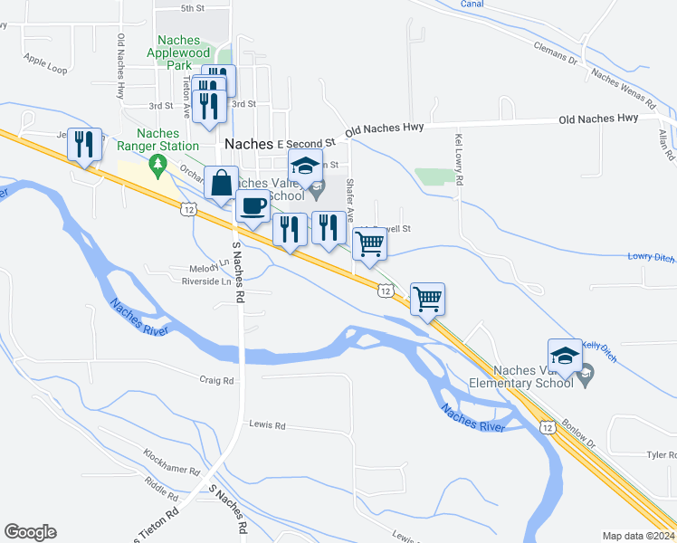 map of restaurants, bars, coffee shops, grocery stores, and more near 9920 U.S. 12 in Naches