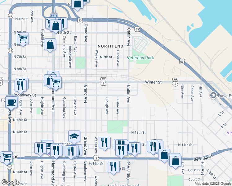 map of restaurants, bars, coffee shops, grocery stores, and more near 810 Broadway Street in Superior