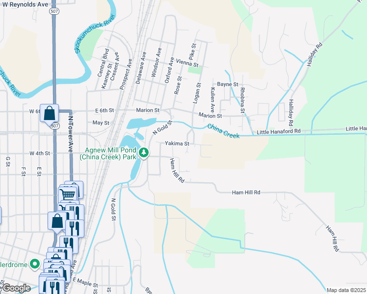 map of restaurants, bars, coffee shops, grocery stores, and more near 804 Yakima Street in Centralia