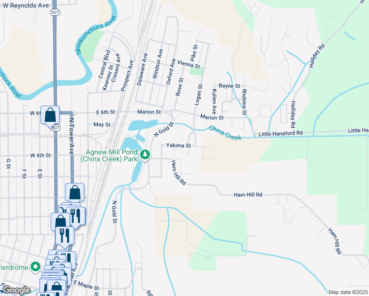 map of restaurants, bars, coffee shops, grocery stores, and more near 812 Yakima Street in Centralia