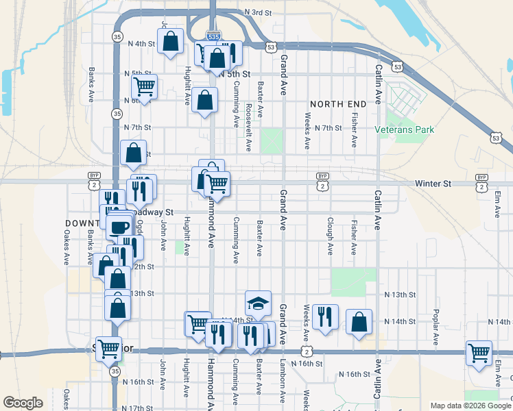 map of restaurants, bars, coffee shops, grocery stores, and more near 1212 Broadway Street in Superior