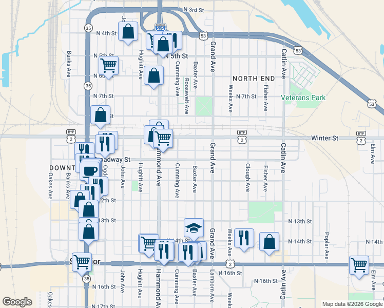 map of restaurants, bars, coffee shops, grocery stores, and more near 1212 Broadway Street in Superior