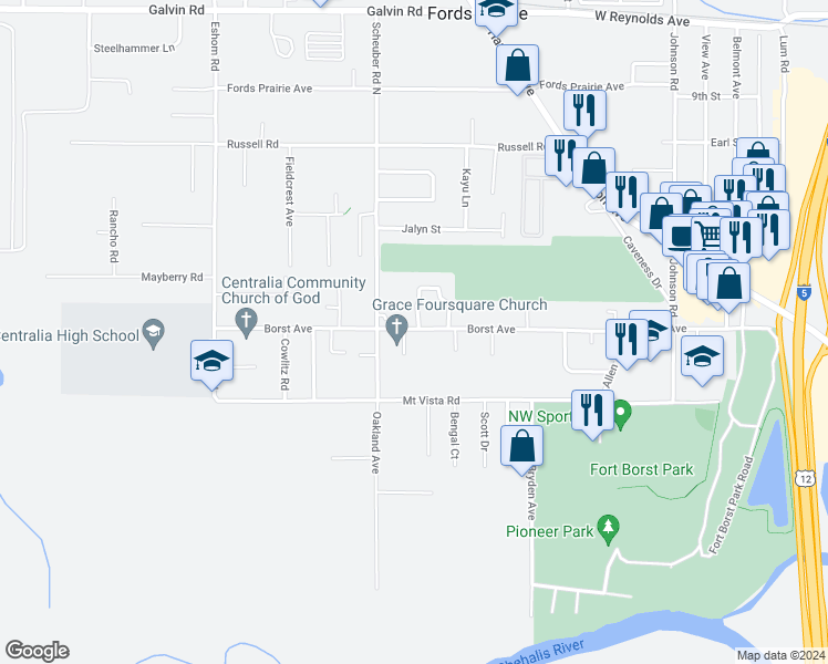 map of restaurants, bars, coffee shops, grocery stores, and more near 3012 Borst Avenue in Centralia